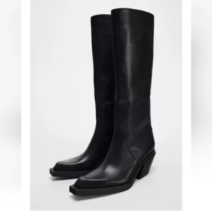 Zara Leather Wester Style Heeled Women's Black Knee High Boots Sz 11/42