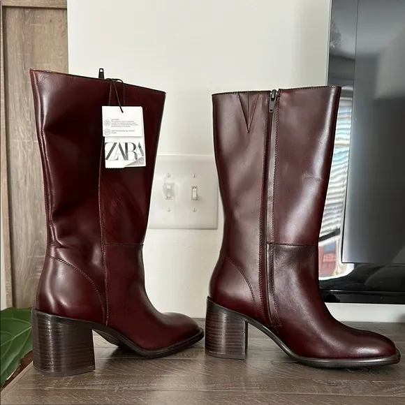 Zara Leather Women's Boots Burgundy 39 8 1106/410
