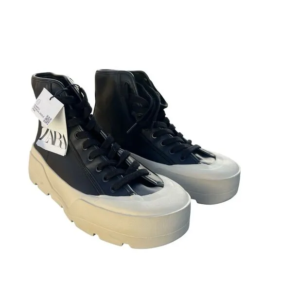 Zara Men's High Top Trainers Black Leather Boots Size US 8 UK 7 EUR 41 NWT