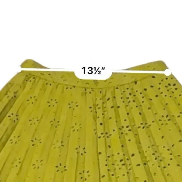 Zara Neon Mustard Green Floral Eyelet Embroidered Pleated Midi Skirt Sz S