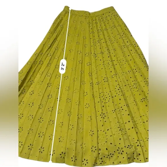 Zara Neon Mustard Green Floral Eyelet Embroidered Pleated Midi Skirt Sz S