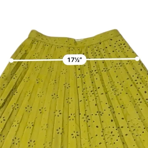 Zara Neon Mustard Green Floral Eyelet Embroidered Pleated Midi Skirt Sz S