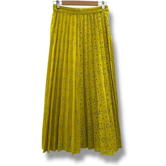 Zara Neon Mustard Green Floral Eyelet Embroidered Pleated Midi Skirt Sz S