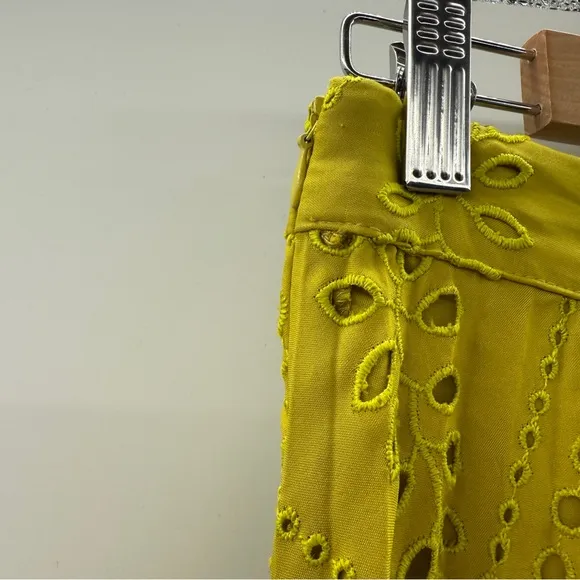 Zara Neon Mustard Green Floral Eyelet Embroidered Pleated Midi Skirt Sz S