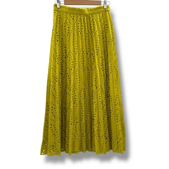 Zara Neon Mustard Green Floral Eyelet Embroidered Pleated Midi Skirt Sz S